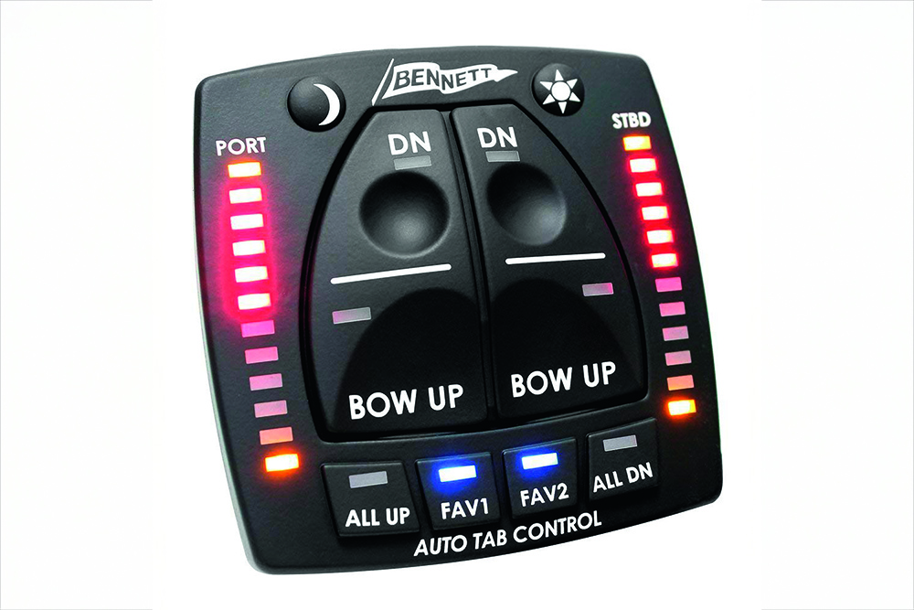 Bennett trim tab control panel with port and starboard indicators for adjusting boat balance and bow attitude.