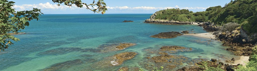 Turquoise Jersey coastline with rocky reefs, sheltered coves and wooded headlands in the Channel Islands.