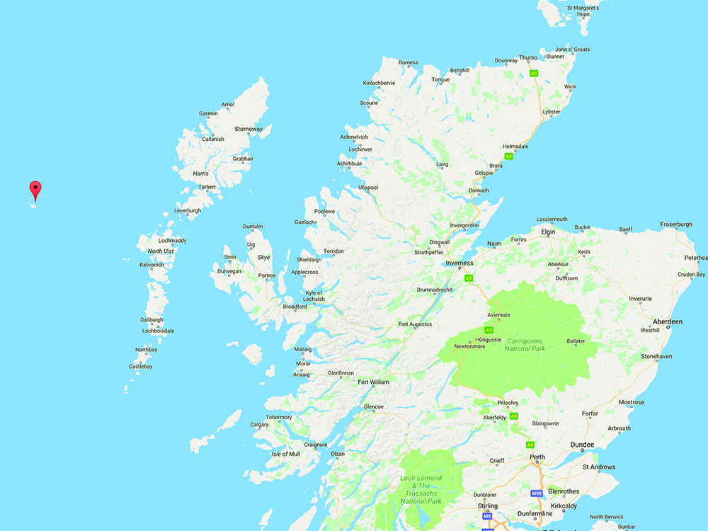 Map showing the Western Isles and mainland Scotland, with a marker pinpointing the remote location of St Kilda in the Atlantic.