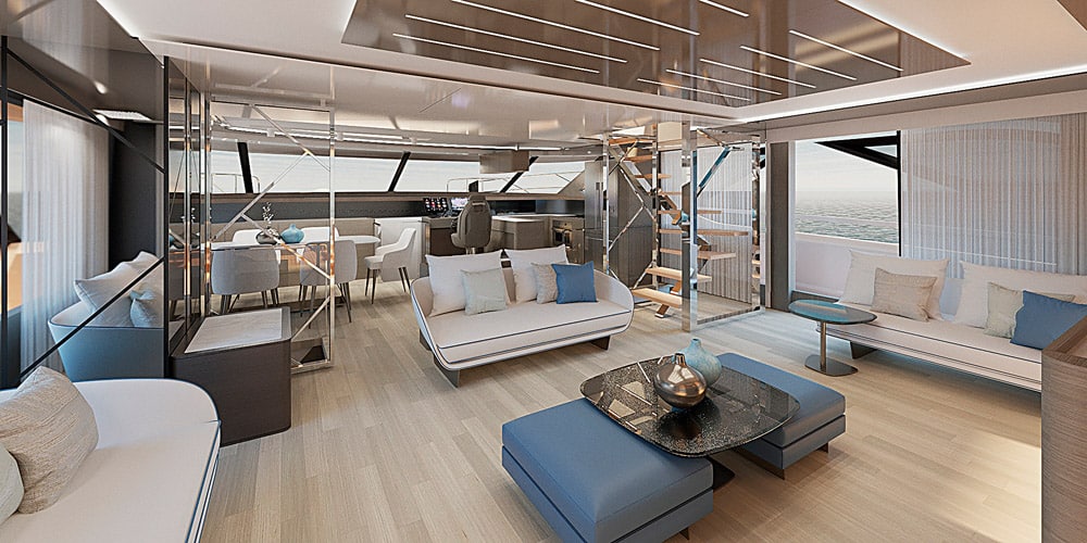 With over 270m2 of living space, the M8 features spacious suites, occupying the full beam of the yacht. 