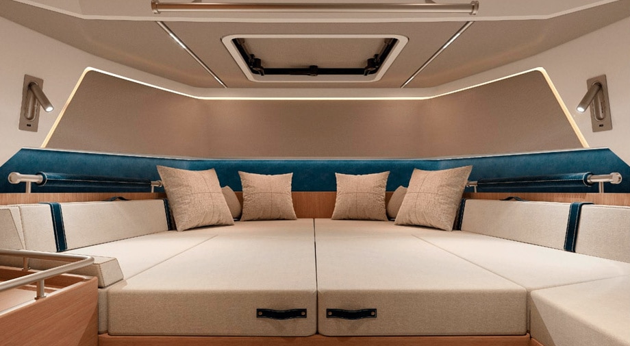 Technohull Omega 48 - The large double bed has storage beneath. 