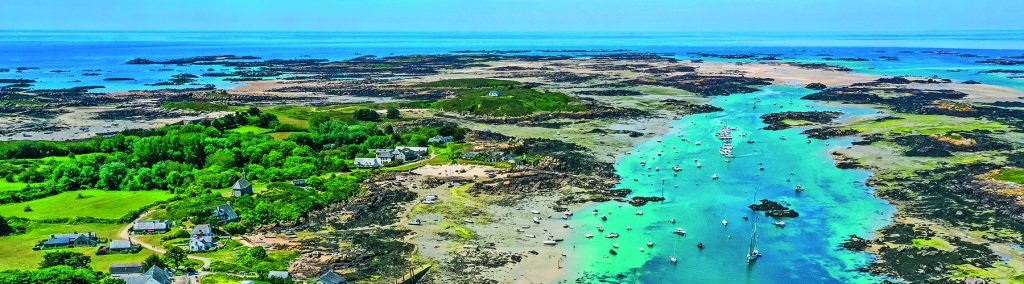 aerial view of Isle de Chausey show yachts moored in the inlet