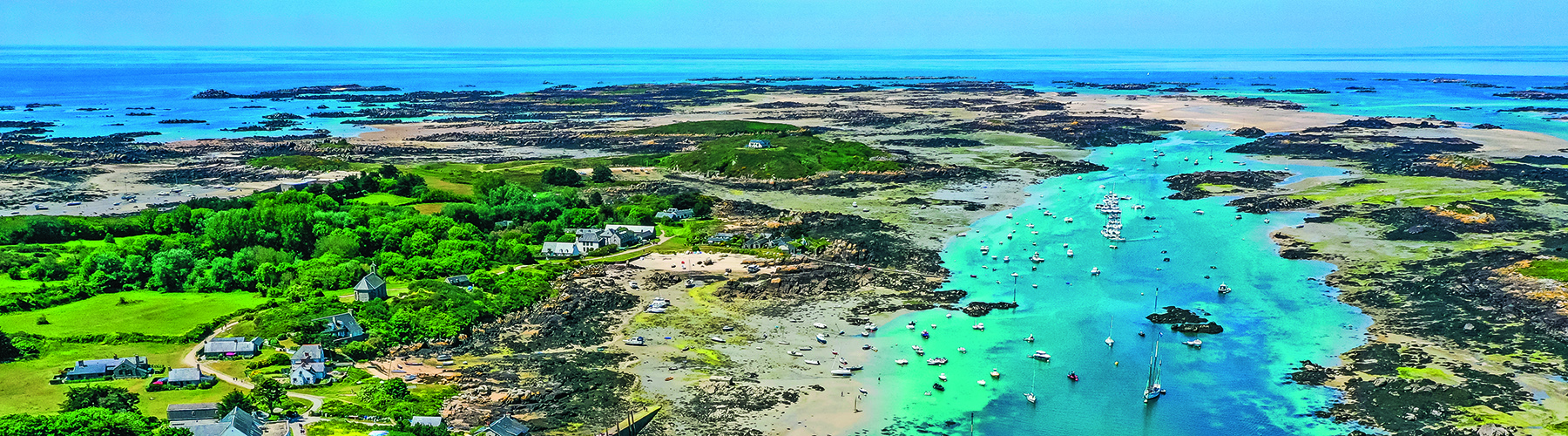 aerial view of Isle de Chausey show yachts moored in the inlet