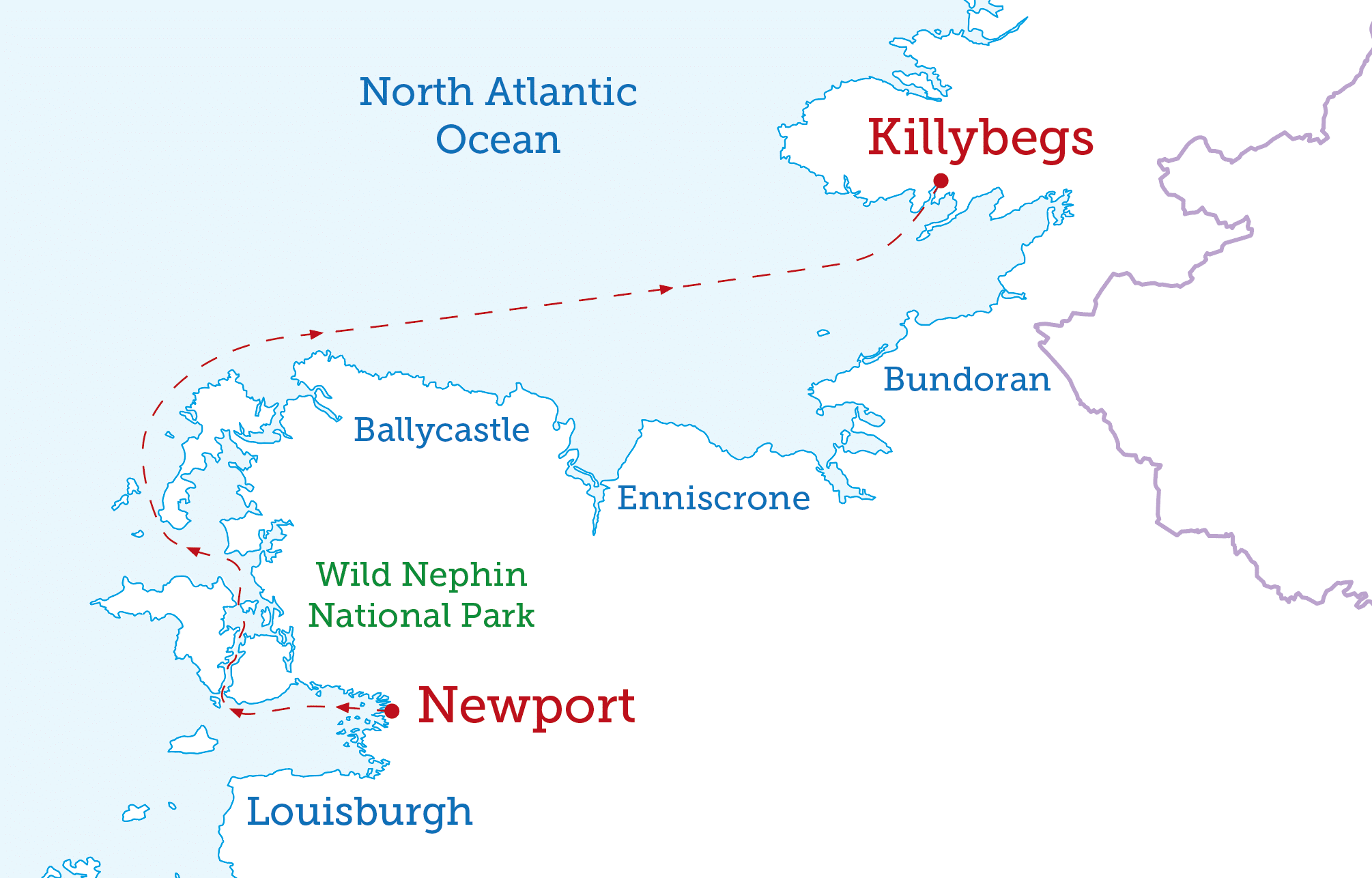 Route Map: Starting at Newport and finishing at Killybegs.