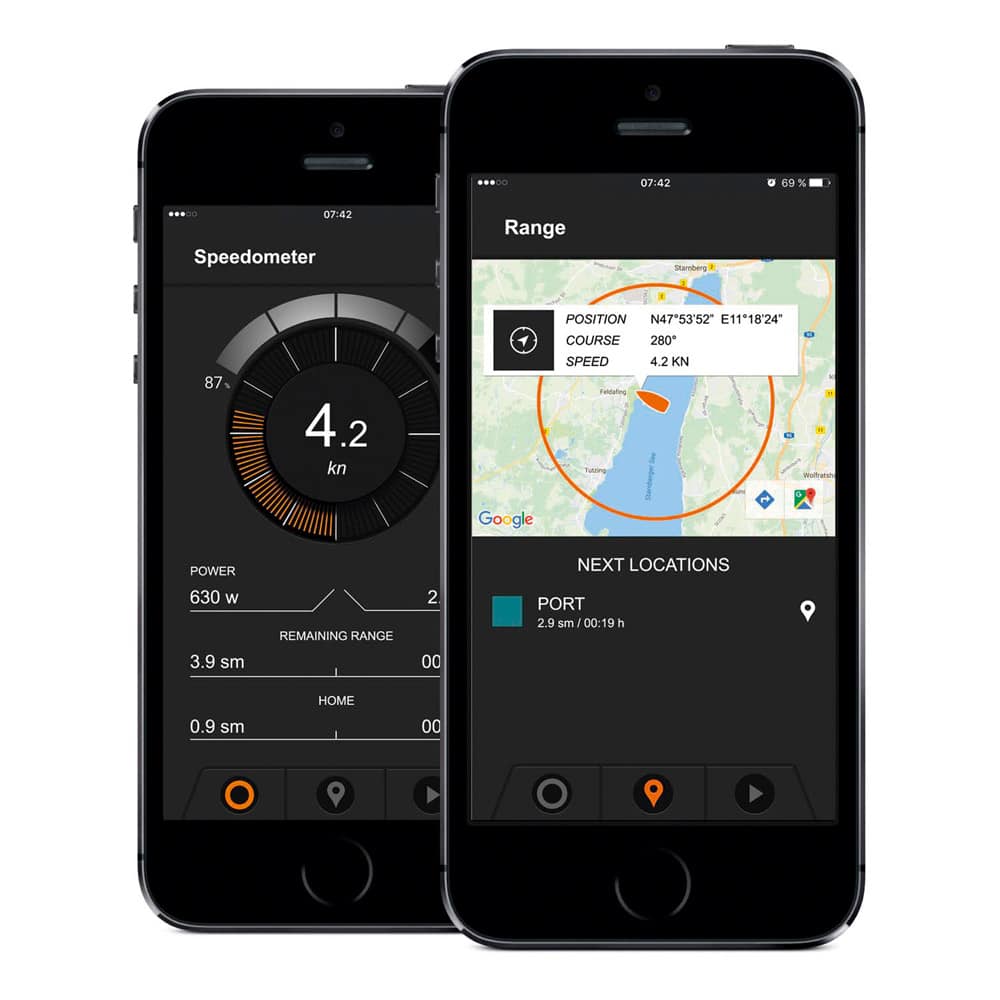 Torqeedo’s GPS-enabled TorqueTrac app shows speed, course and position, plus battery charge and estimated range.