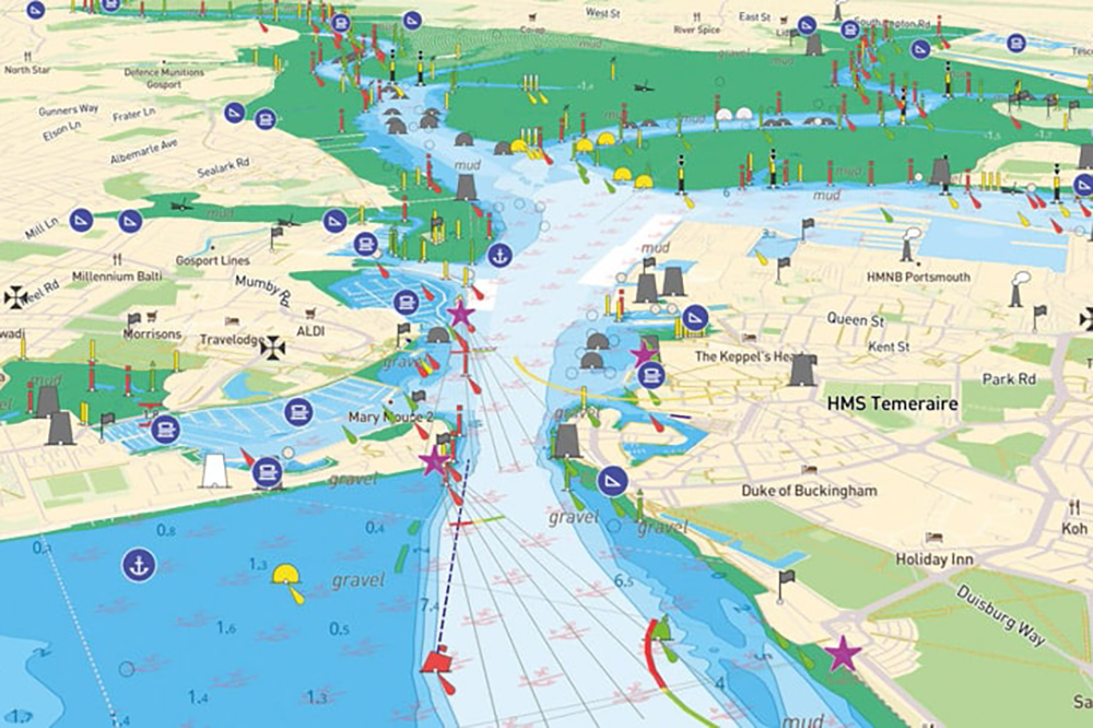 Digital navigation chart of Portsmouth Harbour showing channels, buoys, depths and tidal data for marine route planning.