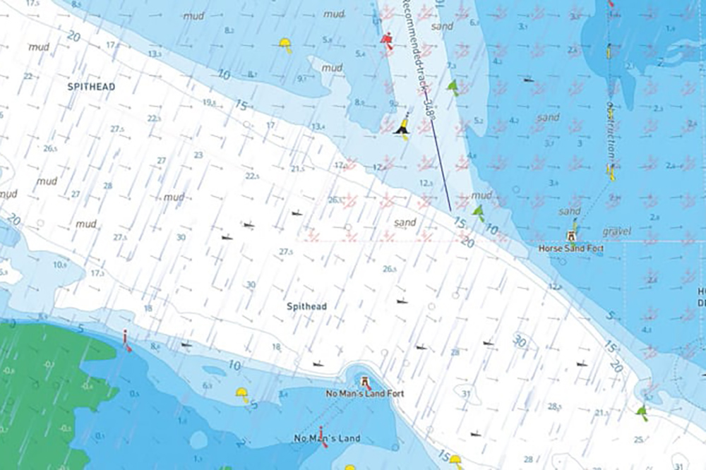Electronic chart of Spithead showing depths, seabed types, navigation marks and shipping channels off Portsmouth.