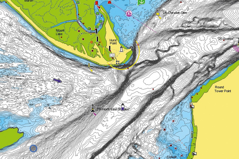 Electronic chart of Hurst Point showing tidal streams, seabed contours and navigation marks in the Solent channel.
