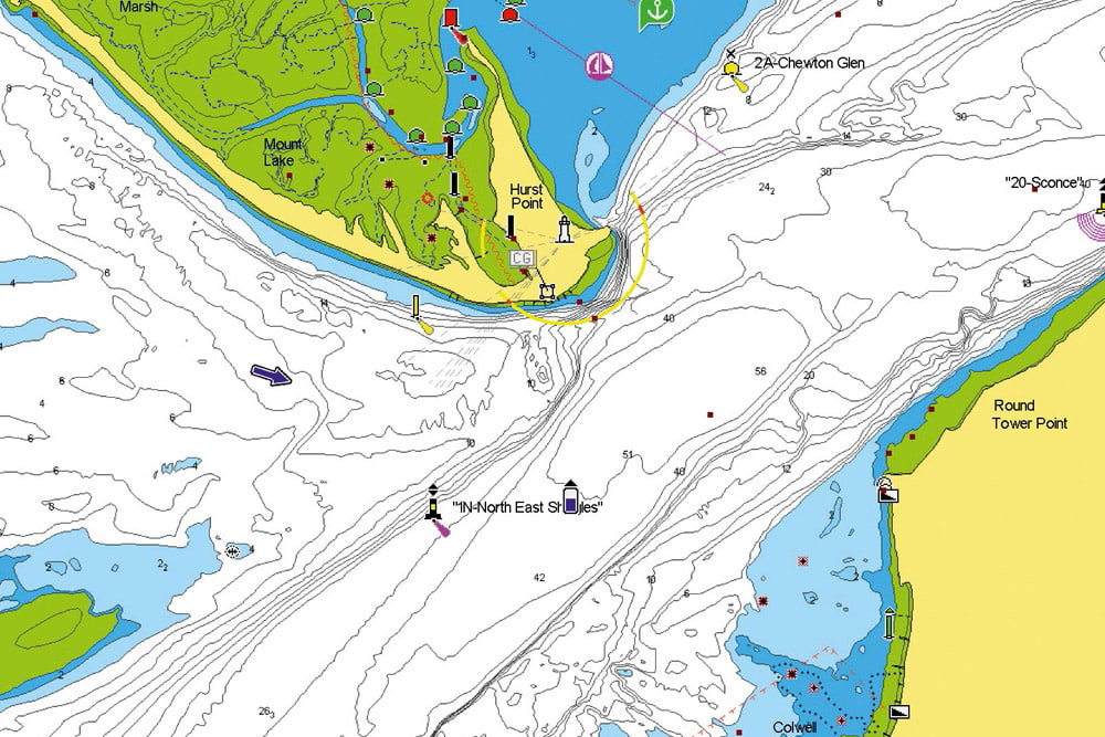 Navigation chart of Hurst Point showing depth contours, tidal flow direction and marked shipping channel in the Solent.