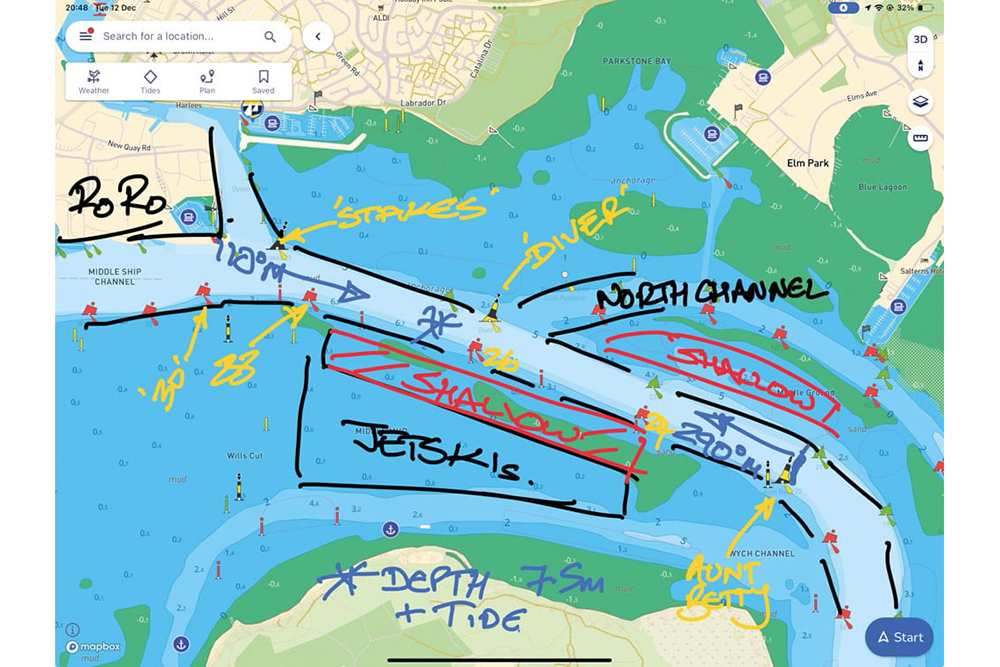 Annotated electronic chart of Poole Harbour showing channels, shallow areas, jet ski zone and pilotage notes.