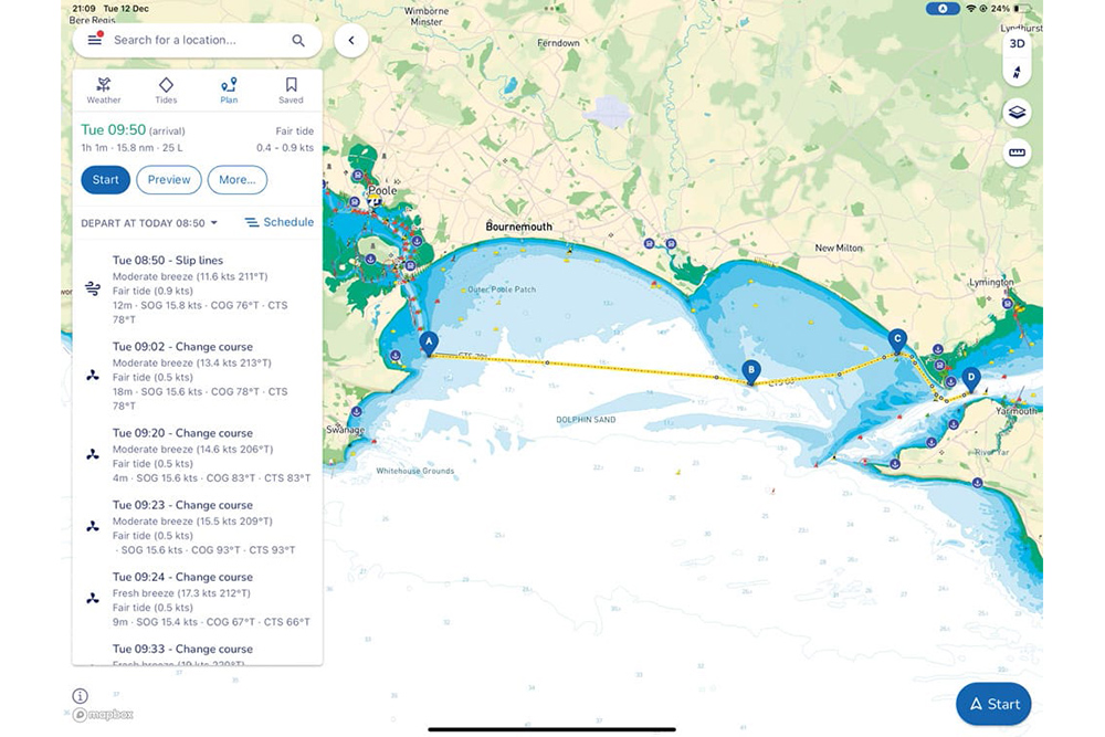 Electronic chart route from Poole to the western Solent showing waypoints, tidal data and passage plan.