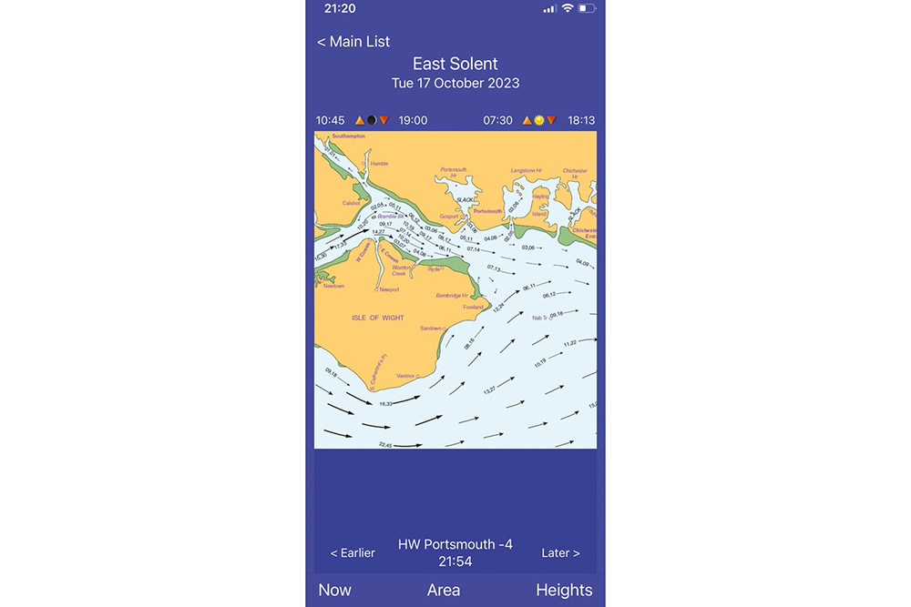 Tidal stream atlas for the East Solent showing current direction and rate arrows relative to Portsmouth high water