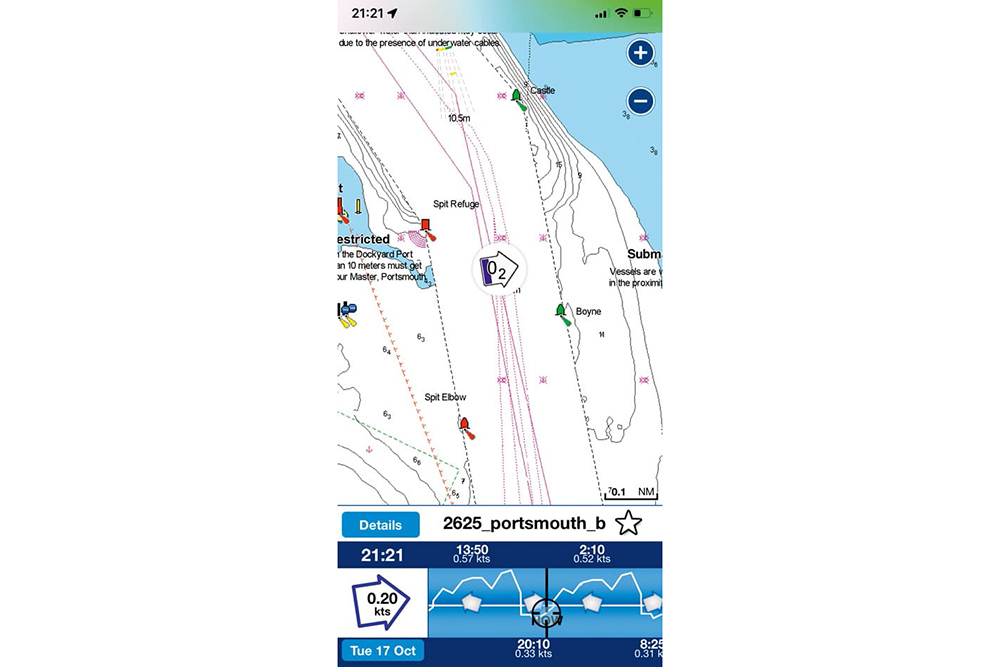 Electronic chart of Portsmouth entrance showing buoyage, restricted areas and tidal stream speed data overlaid