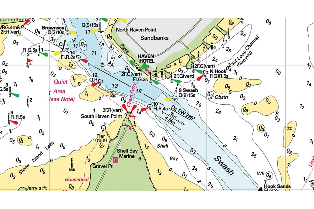 Nautical chart of Poole Harbour entrance showing Swash Channel, depth soundings, buoyage, tidal streams and pilotage information
