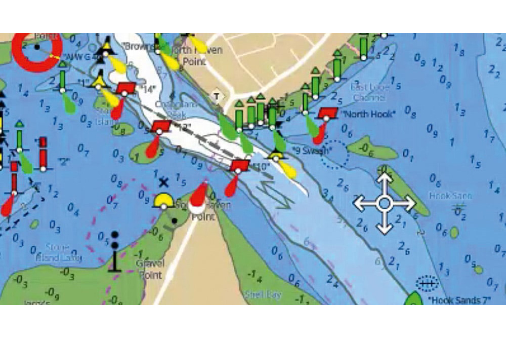 Electronic chart showing harbour entrance with tidal stream arrows, depth soundings, buoyage and navigation symbols for safe pilotage