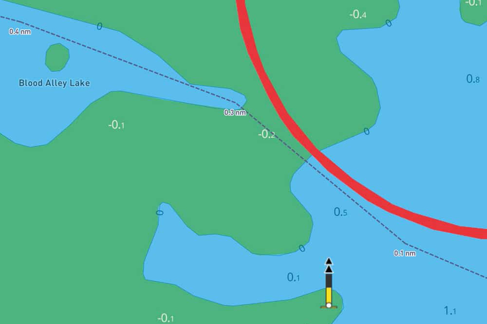 Chart extract of Blood Alley Lake showing shallow drying areas, charted depths, buoyage and a recommended transit route