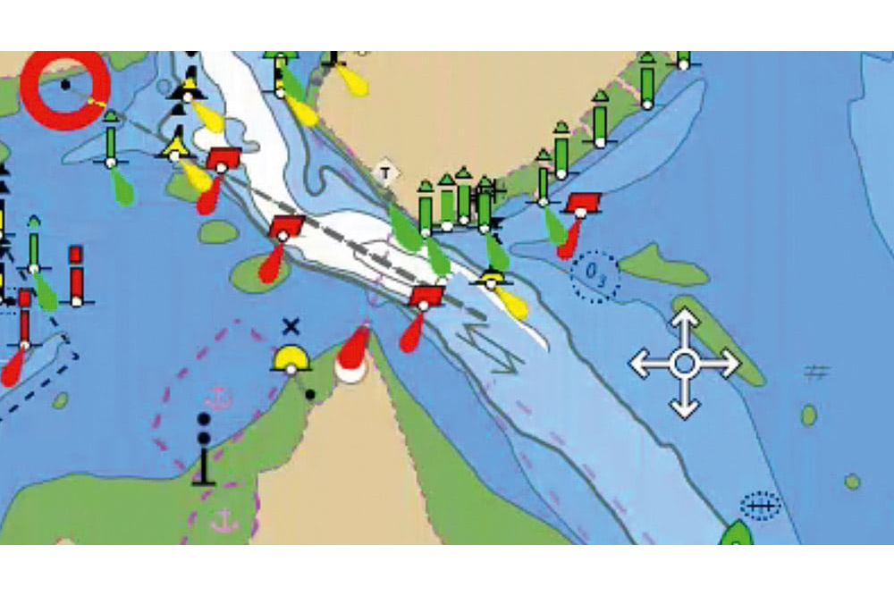 Detailed electronic navigation chart of a narrow channel showing tidal streams, buoyage, depth contours and pilotage features