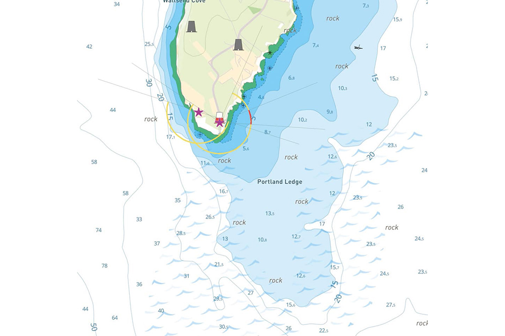 Chart around Portland Bill showing rapid depth changes, tidal overfalls and hazardous areas influenced by strong tidal streams
