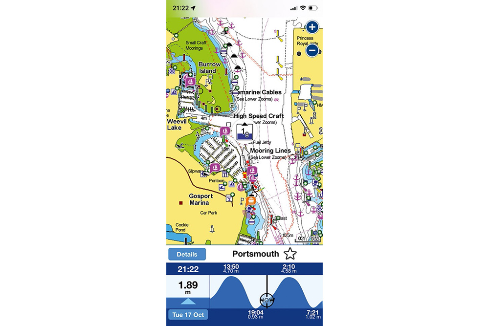 Electronic chart of Portsmouth Harbour with marina details, navigation marks and a tidal height graph displayed below