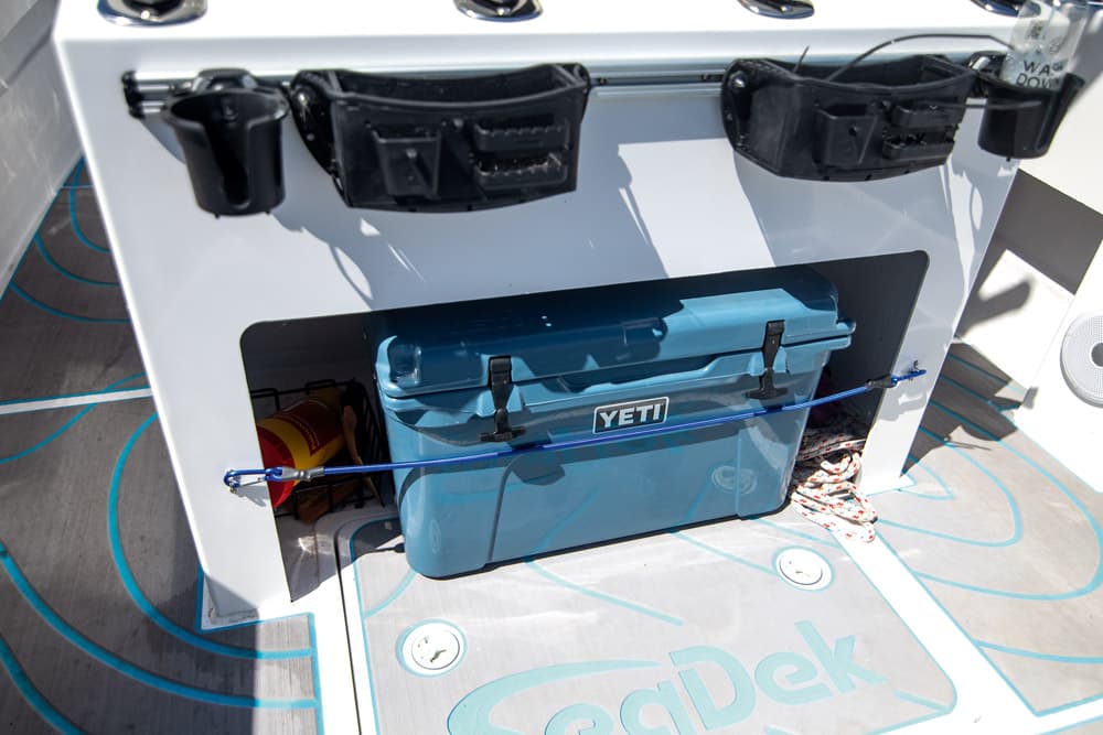 On-board refreshment is stored in a YETI cool box under the helm seats
