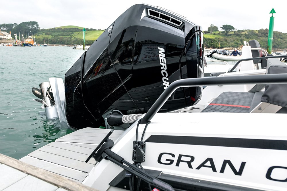 Stern view of Mercury 600hp V12 outboard installed to Nordkapp boat.