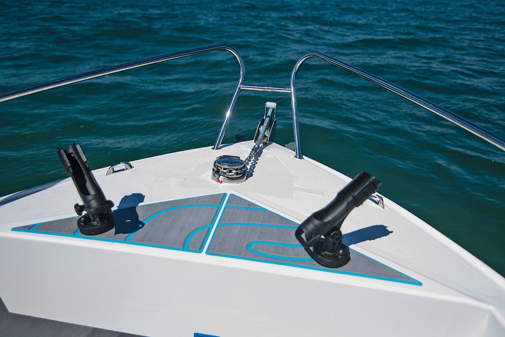 Rod holders in the bow of this fishing boat