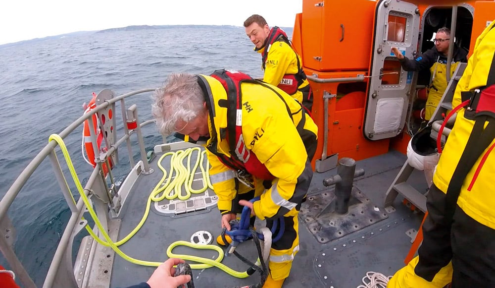 Tying the bowline onto the bridle - A recent tow for Fowey lifeboat