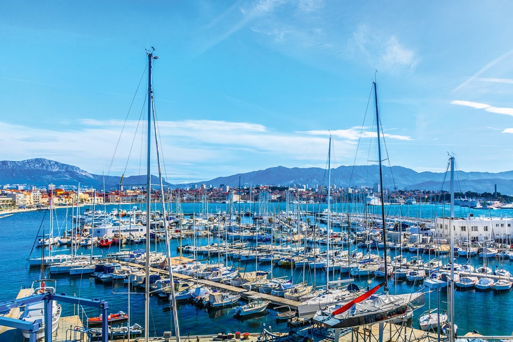 Scenic view at amazing mediterranean port in coastal town Split, popular summer resort in Croatia, Europe.