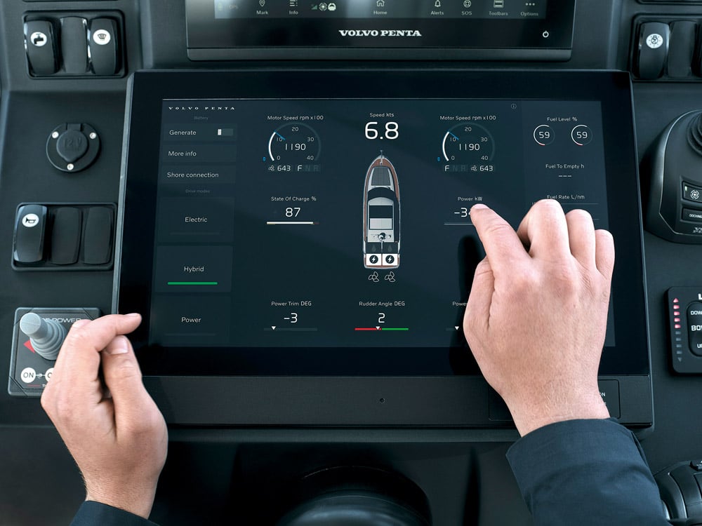 Integrated display enabling monitoring of the hybrid system at a glance. Volvo NC37 Hybrid Prototype
