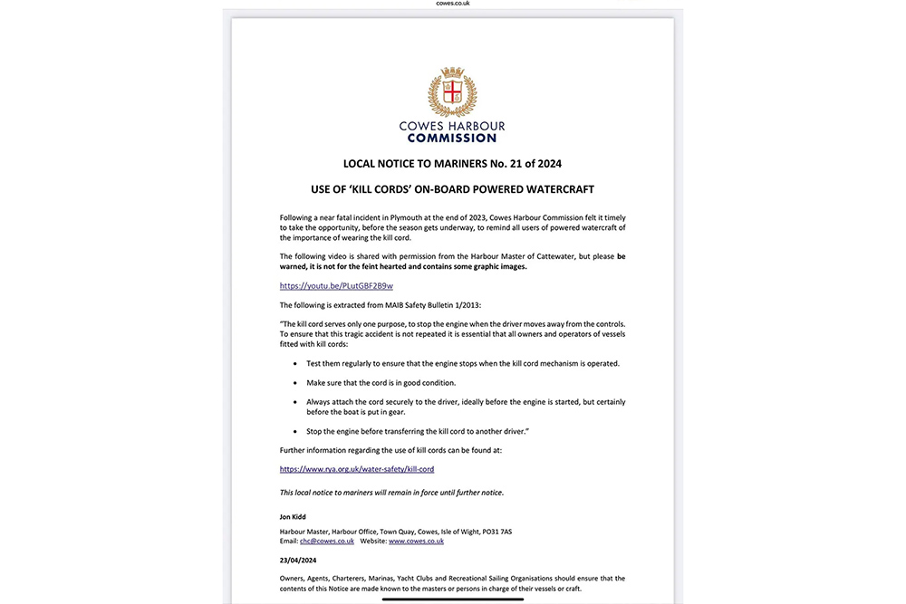 Cowes Harbour Commission notice to mariners on mandatory kill cord use for powered watercraft