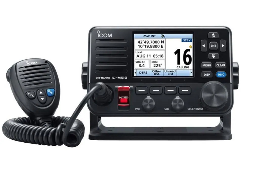Icom VHF marine radio with DSC distress button and Channel 16 display for emergency calls