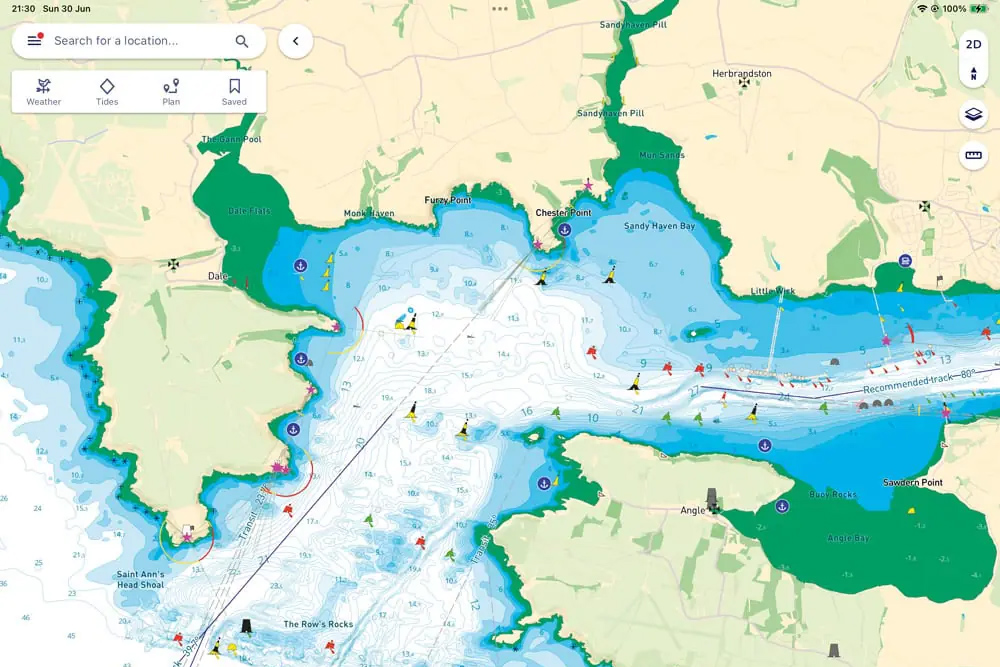 Navionics chart showing tidal depths, hazards and recommended track for coastal passage planning.