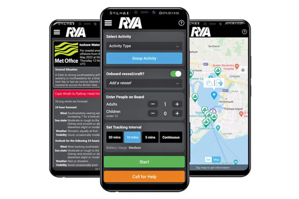 RYA SafeTrx app screens showing inshore weather forecast, trip tracking and emergency call for help feature.