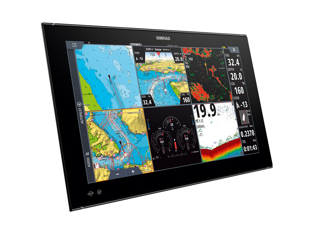 Simrad NSOevo3S widescreen display showing multi-panel charts, sonar, radar and engine data for advanced vessel monitoring and navigation.