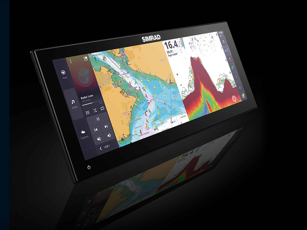 Simrad NSX Ultrawide display showing split-screen marine chart, sonar and onboard controls on an expansive, widescreen navigation interface.