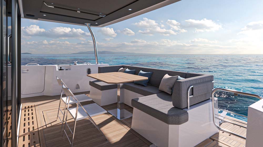 This cockpit option converts to a sunbed while providing a small crew cabin beneath.