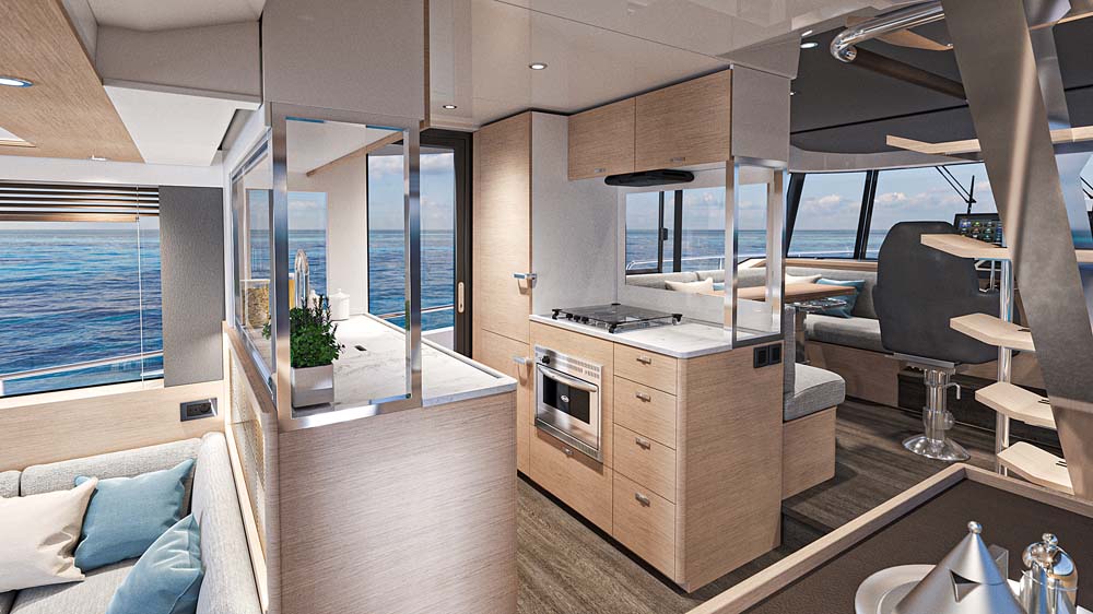 The central galley is perfectly located to serve the whole saloon area.