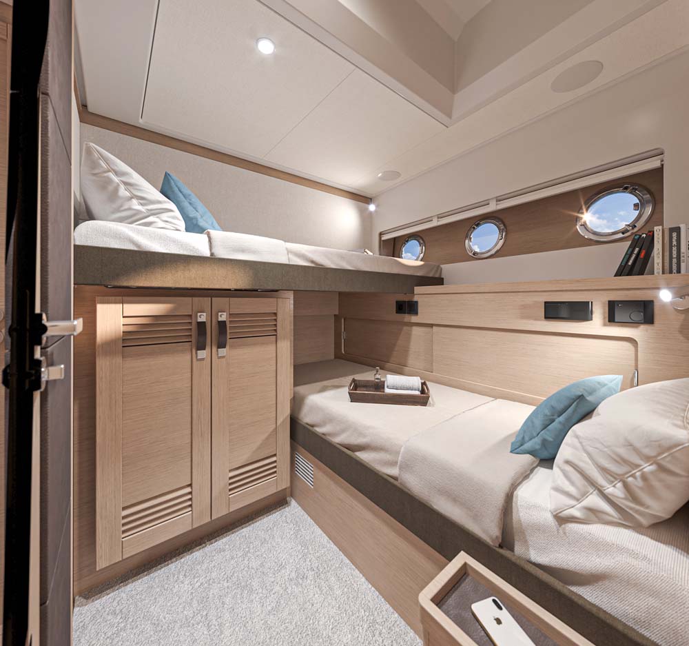 Beneteau Swift Trawler 54. The third cabin has two single bunks.