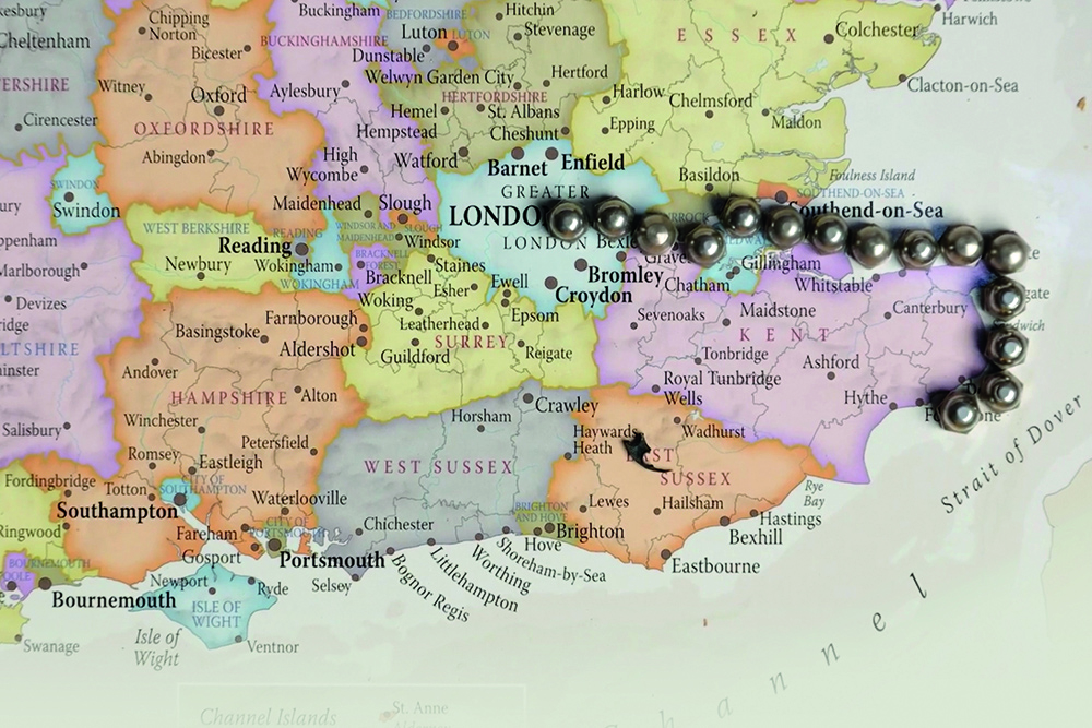 Map of south-east England marked with pins for the start of Goodwin’s coastal route