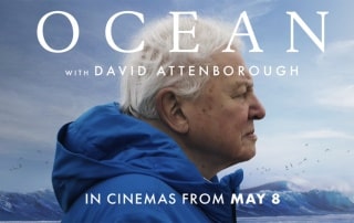 David Attenborough's face side view in film promotional advert.