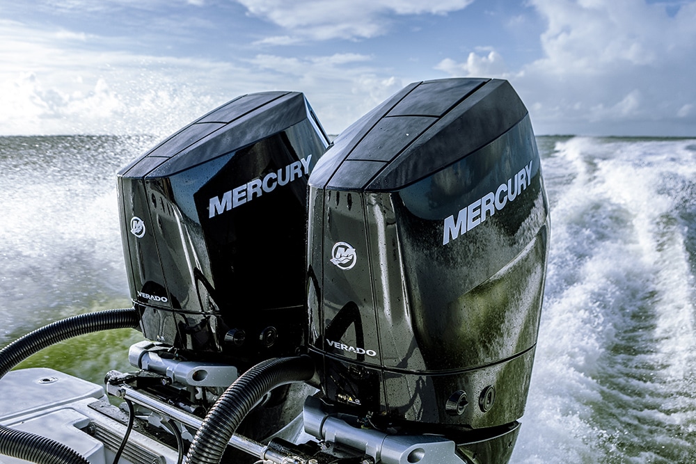 View of twin Mercury outboards underway