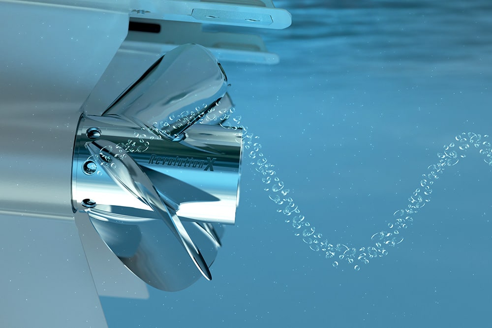 Underwater view of boat propeller moving through the water