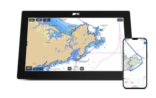 Raymarine Axiom 2 XL marine display and smartphone both showing synchronised nautical charts and GPS route planning.