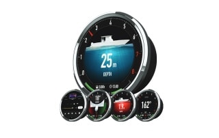 5 screen views of information and options on the new touchscreen Marine Gauge launched by LX Nav.
