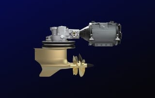 Volvo Penta electric IPS propulsion unit showing integrated electric motor, gearbox and dual contra-rotating propellers.