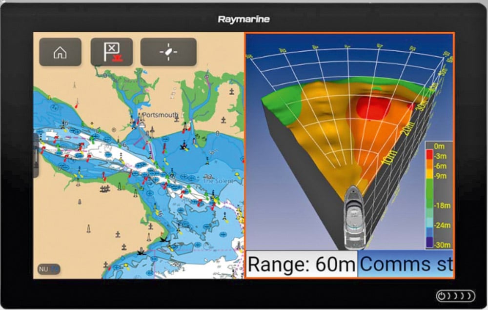 Daniamant 3D Gen4 EchoPilot Forward-Looking Sonar. The display can be split between different functions.