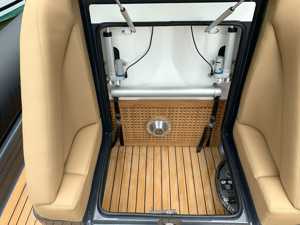 Easy storage behind the helm on the Scorpion RIB 10m