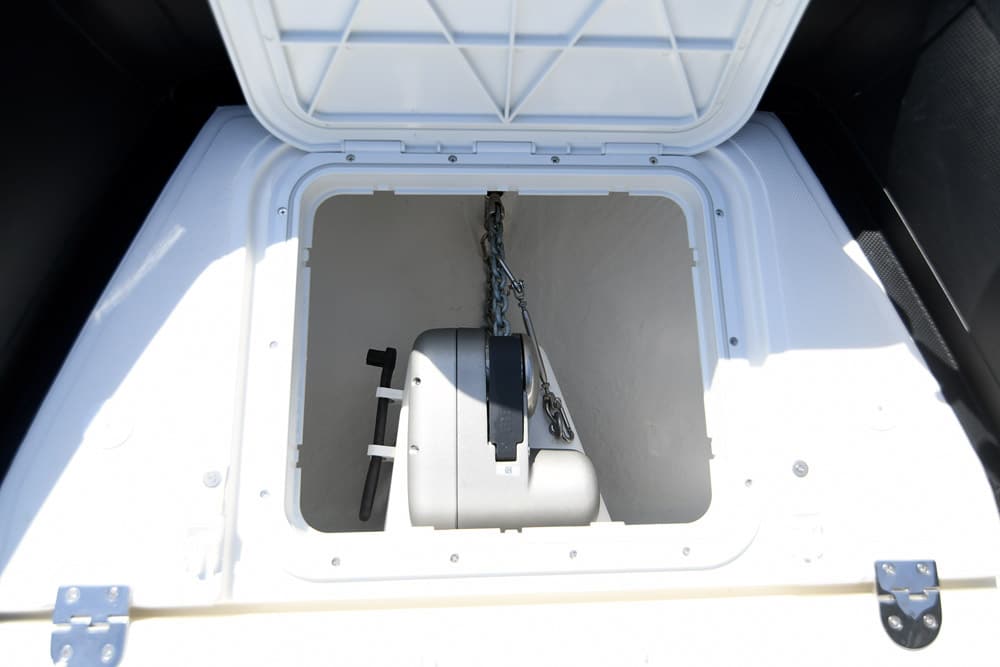 A serious windlass hides in the forepeak.