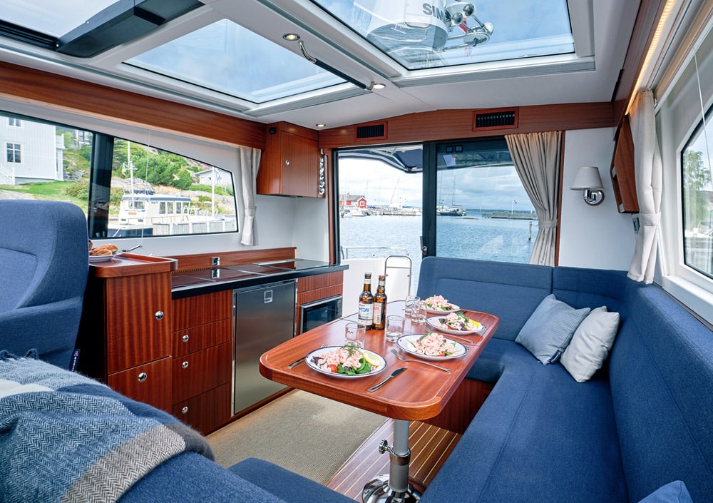 The blue interior is one of three standard colour schemes.