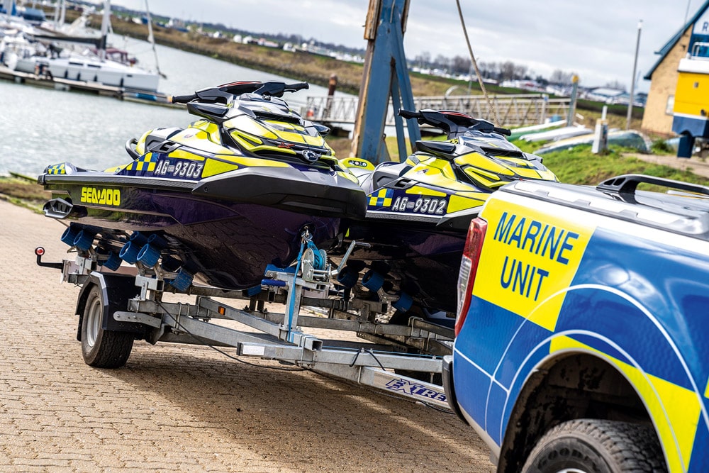 Smart twin jet-ski trailer. Essex Police Marine Unit at Burnham on Crouch.